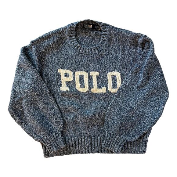 Polo Ralph Lauren Blue Marled Knit Logo POLO Crewneck Sweater Size L - Picture 2 of 11